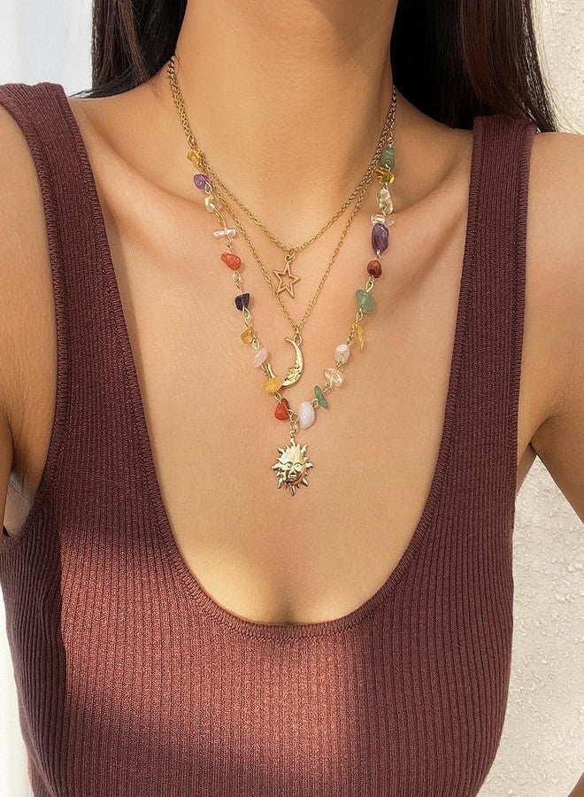 Wovanoo Stone Necklace Layered Choker Necklace Boho Natural Stone Pendant Necklace for Women Colorful - Image 2
